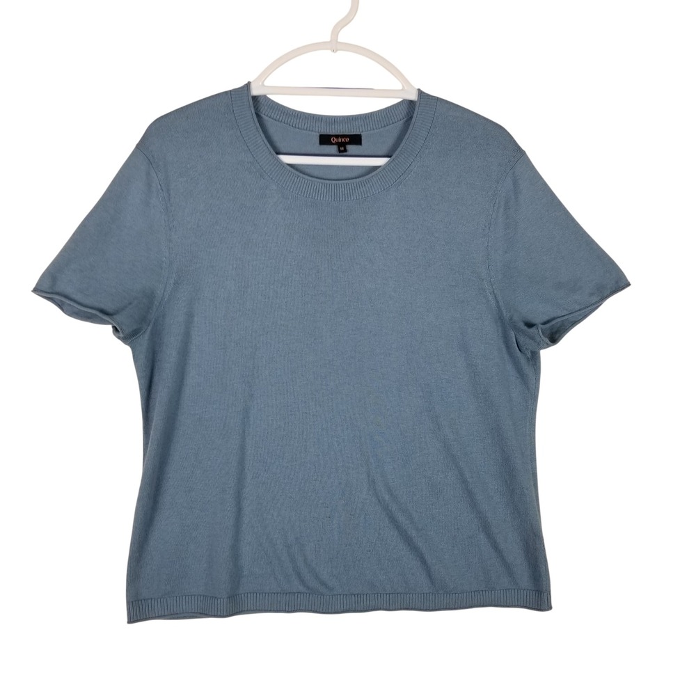 Quince Knit Top Womens Size M Blue Organic Cotton Cashmere Blend Short Sleeve